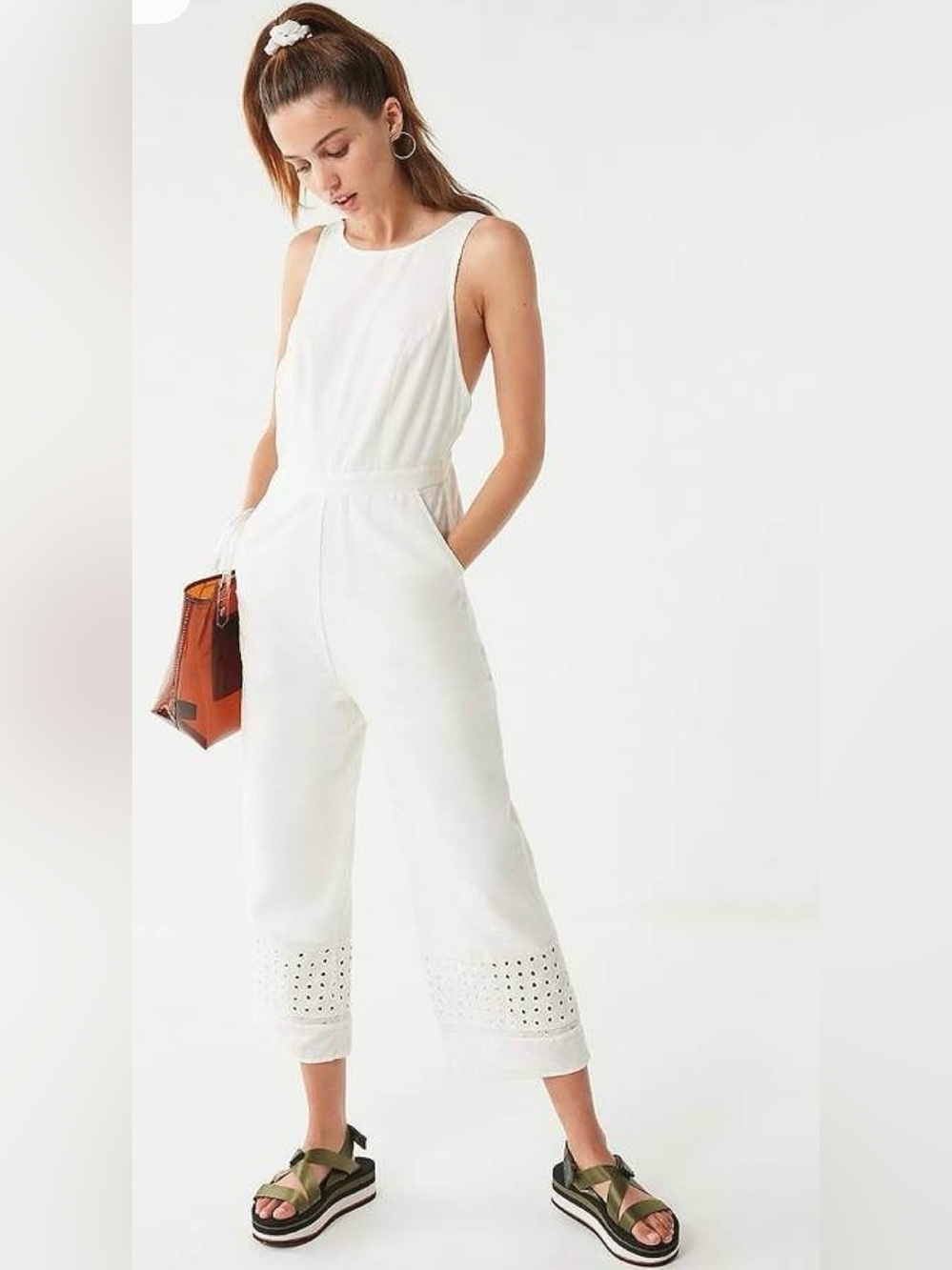 Urban Outfitters White Sleeveless Eyelet-Cuff Jumpsuit